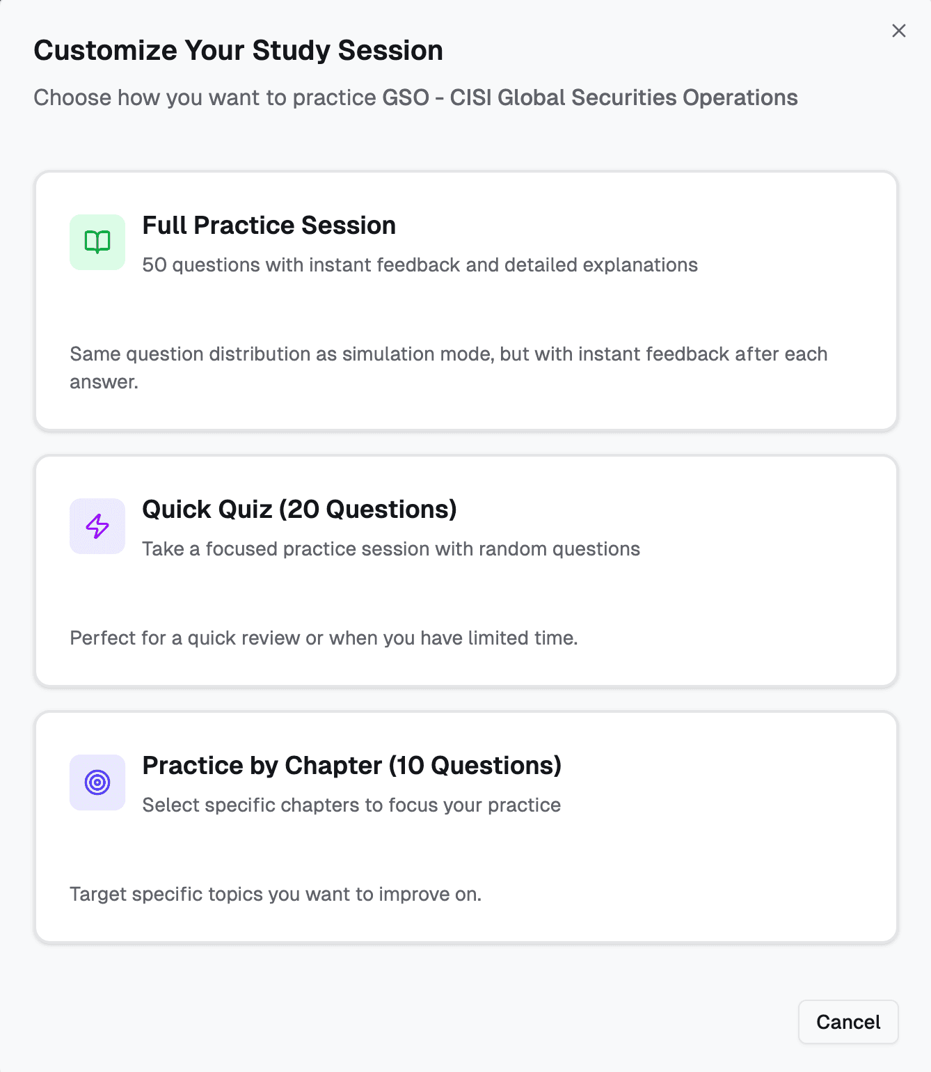 Customize your study session modes screenshot